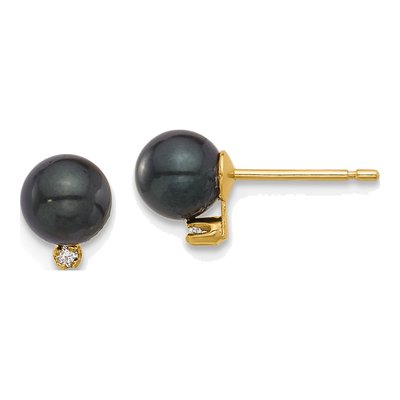 14K Yellow Gold Round Black Akoya Cultured Pearl & Diamond Stud Earrings