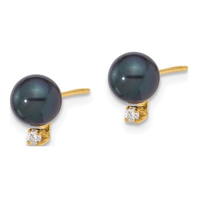 14K Yellow Gold 1/20 ct tw Round Black Akoya Cultured Pearl & Diamond Stud Earrings – view 2