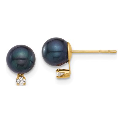 14K Yellow Gold 1/20 ct tw Round Black Akoya Cultured Pearl & Diamond Stud Earrings