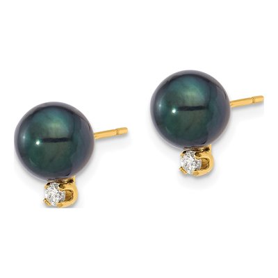 14K Yellow Gold 1/10 ct tw Round Black Cultured Pearl & Diamond Stud Earrings – view 2
