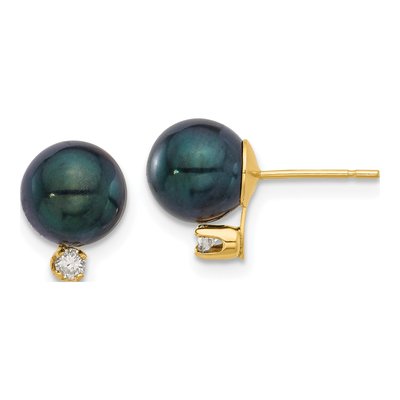 14K Yellow Gold 1/10 ct tw Round Black Cultured Pearl & Diamond Stud Earrings