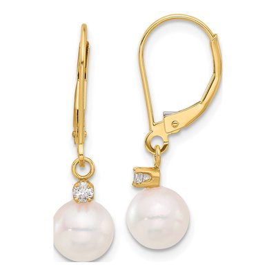 14K Yellow Gold 1/10 ct tw Akoya Cultured Pearl & Diamond Leverback Earrings