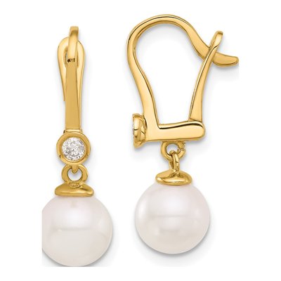 14K Yellow Gold 1/10 ct tw Akoya Cultured Pearl & Diamond Dangle Earrings