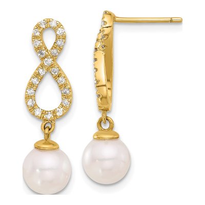 14K Yellow Gold 0.40 ct tw Akoya Cultured Pearl & Diamond Infinity Dangle Earrings
