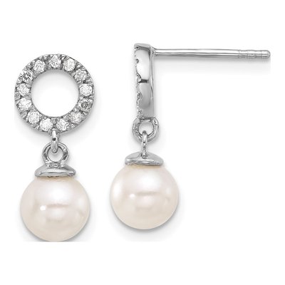 14K White Gold 1/5 ct tw Akoya Cultured Pearl & Diamond Dangle Earrings