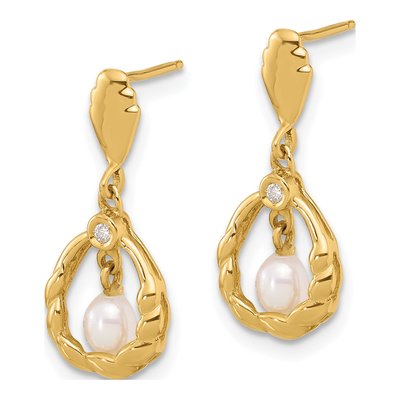 14K Yellow Gold Freshwater Cultured Pearl & Diamond Teardrop Dangle Earrings – view 2