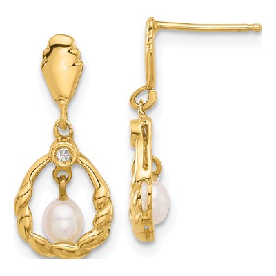 14K Yellow Gold Freshwater Cultured Pearl & Diamond Teardrop Dangle Earrings