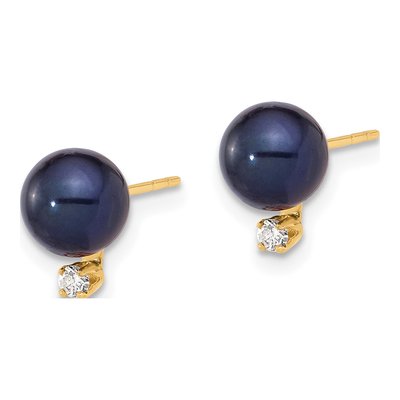 14K Yellow Gold 1/20 ct tw Round Black Freshwater Cultured Pearl & Diamond Stud Earrings – view 2