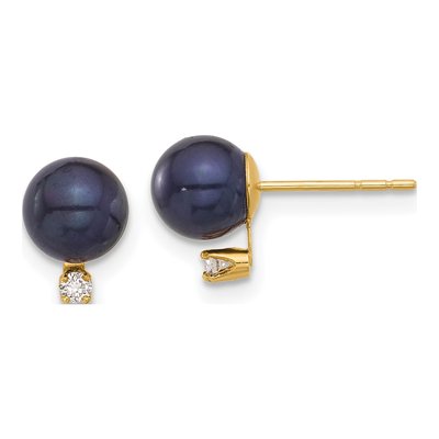 14K Yellow Gold 1/20 ct tw Round Black Freshwater Cultured Pearl & Diamond Stud Earrings