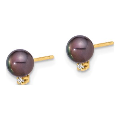 14K Yellow Gold Round Black Freshwater Cultured Pearl & Diamond Stud Earrings – view 2