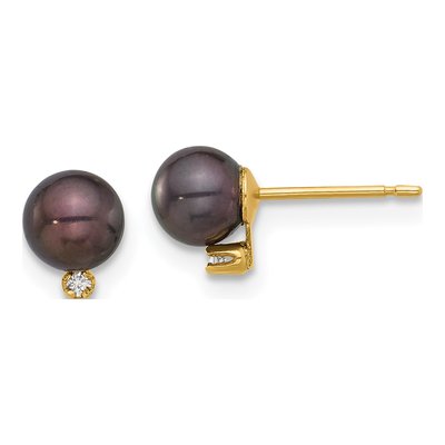 14K Yellow Gold Round Black Freshwater Cultured Pearl & Diamond Stud Earrings