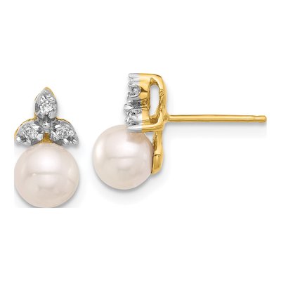 14K Yellow Gold 1/20 ct tw Round Freshwater Cultured Pearl & Diamond Stud Earrings