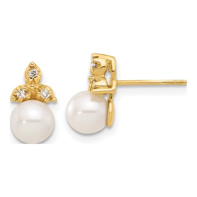 14K Yellow Gold 1/20 ct tw Round Freshwater Cultured Pearl & Diamond Button Stud Earrings
