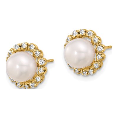 14K Yellow Gold 0.28 ct tw Round Freshwater Cultured Pearl & Diamond Halo Stud Earrings – view 2