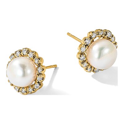 14K Yellow Gold 0.28 ct tw Round Freshwater Cultured Pearl & Diamond Halo Stud Earrings – view 5