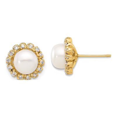 14K Yellow Gold 0.28 ct tw Round Freshwater Cultured Pearl & Diamond Halo Stud Earrings