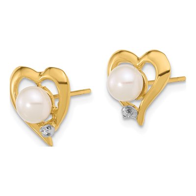 14K Yellow Gold Button Freshwater Cultured Pearl & Diamond Heart Stud Earrings – view 2