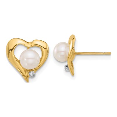 14K Yellow Gold Button Freshwater Cultured Pearl & Diamond Heart Stud Earrings