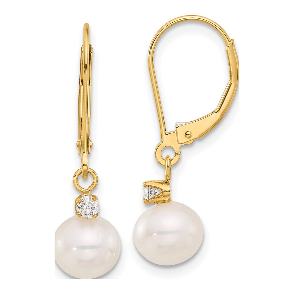 14K Gold Freshwater Pearl & Diamond Leverback Earrings