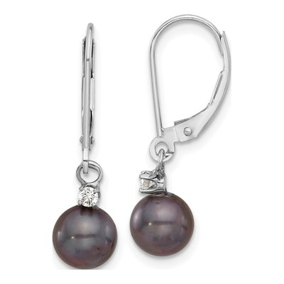 14K White Gold 1/10 ct tw Black Freshwater Cultured Pearl & Diamond Leverback Earrings