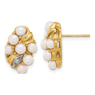 14K Yellow Gold Round Freshwater Cultured Pearl & Diamond Stud Earrings