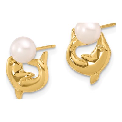 14K Yellow Gold Button Freshwater Cultured Pearl Dolphin Stud Earrings – view 2