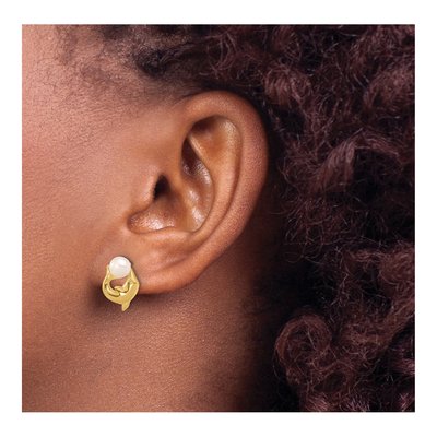 14K Yellow Gold Button Freshwater Cultured Pearl Dolphin Stud Earrings – view 3