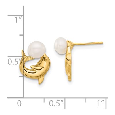 14K Yellow Gold Button Freshwater Cultured Pearl Dolphin Stud Earrings – view 4