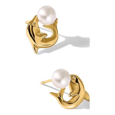14K Yellow Gold Button Freshwater Cultured Pearl Dolphin Stud Earrings – view 5