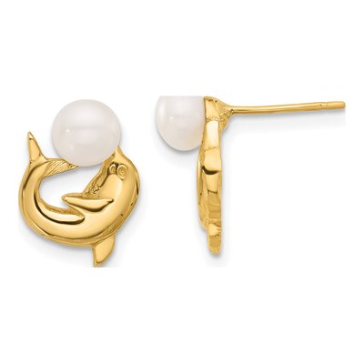 14K Yellow Gold Button Freshwater Cultured Pearl Dolphin Stud Earrings