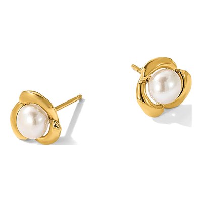 14K Yellow Gold Round Freshwater Cultured Pearl Flower Stud Earrings – view 5