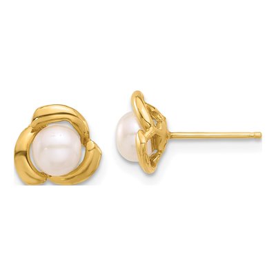 14K Yellow Gold Round Freshwater Cultured Pearl Flower Stud Earrings