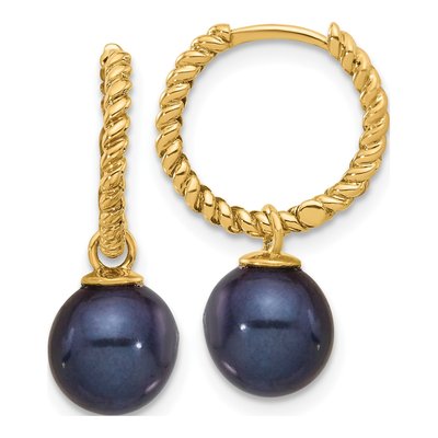 14K Yellow Gold Black & White Pearl Dangle Hoop Earrings – view 2