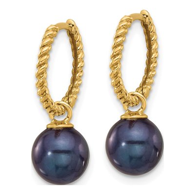 14K Yellow Gold Black & White Pearl Dangle Hoop Earrings – view 4