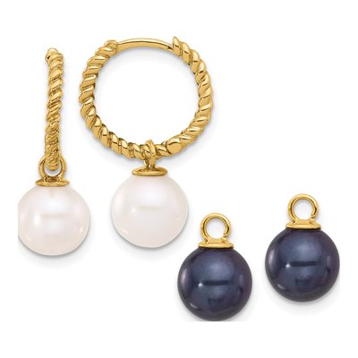 14K Yellow Gold Black & White Pearl Dangle Hoop Earrings