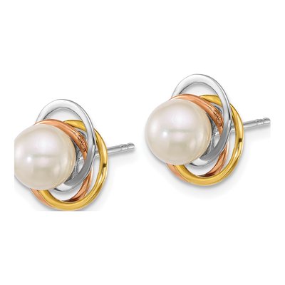 14K Tri-Color Gold Round Cultured Pearl Love Knot Stud Earrings – view 2