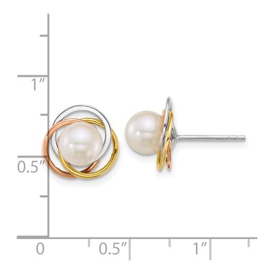 14K Tri-Color Gold Round Cultured Pearl Love Knot Stud Earrings – view 3