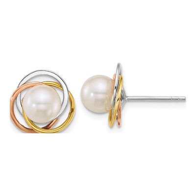 14K Tri-Color Gold Round Cultured Pearl Love Knot Stud Earrings