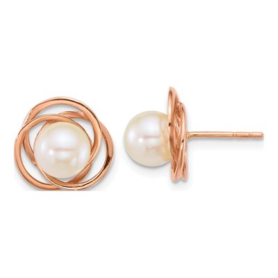 14K Rose Gold Round Cultured Pearl Love Knot Stud Earrings