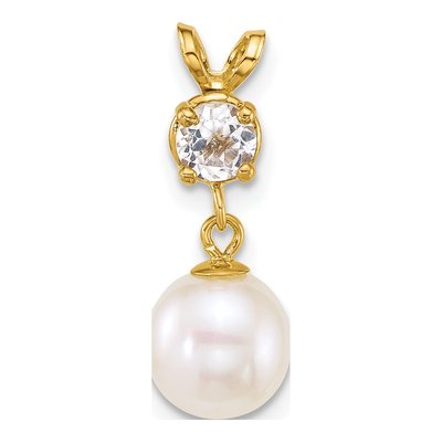 14K Yellow Gold White Topaz & Freshwater Cultured Pearl Round Dangle Pendant