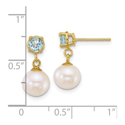 14K Yellow Gold Swiss Blue Topaz & Freshwater Cultured Pearl Dangle Earrings – view 2