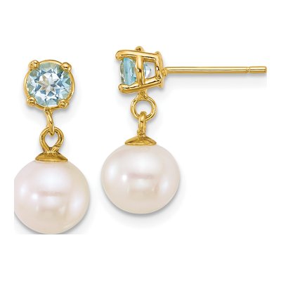 14K Yellow Gold Swiss Blue Topaz & Freshwater Cultured Pearl Dangle Earrings