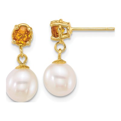 14K Yellow Gold Citrine & Freshwater Cultured Pearl Dangle Earrings