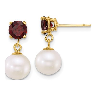 14K Yellow Gold Garnet & Freshwater Cultured Pearl Dangle Earrings
