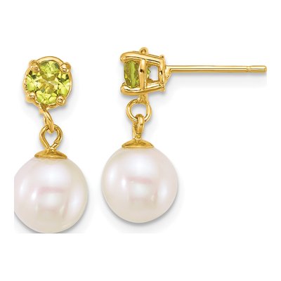 14K Yellow Gold Peridot & Freshwater Cultured Pearl Dangle Earrings