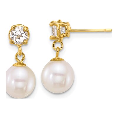 14K Yellow Gold White Topaz & Freshwater Cultured Pearl Dangle Earrings