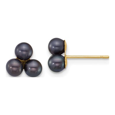 14K Yellow Gold Round Black Freshwater Cultured Pearl Button Stud Earrings