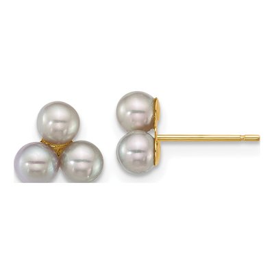 14K Yellow Gold Round Grey Freshwater Cultured Pearl Button Stud Earrings