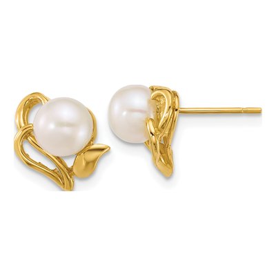 14K Yellow Gold Round Freshwater Cultured Pearl Button Stud Earrings
