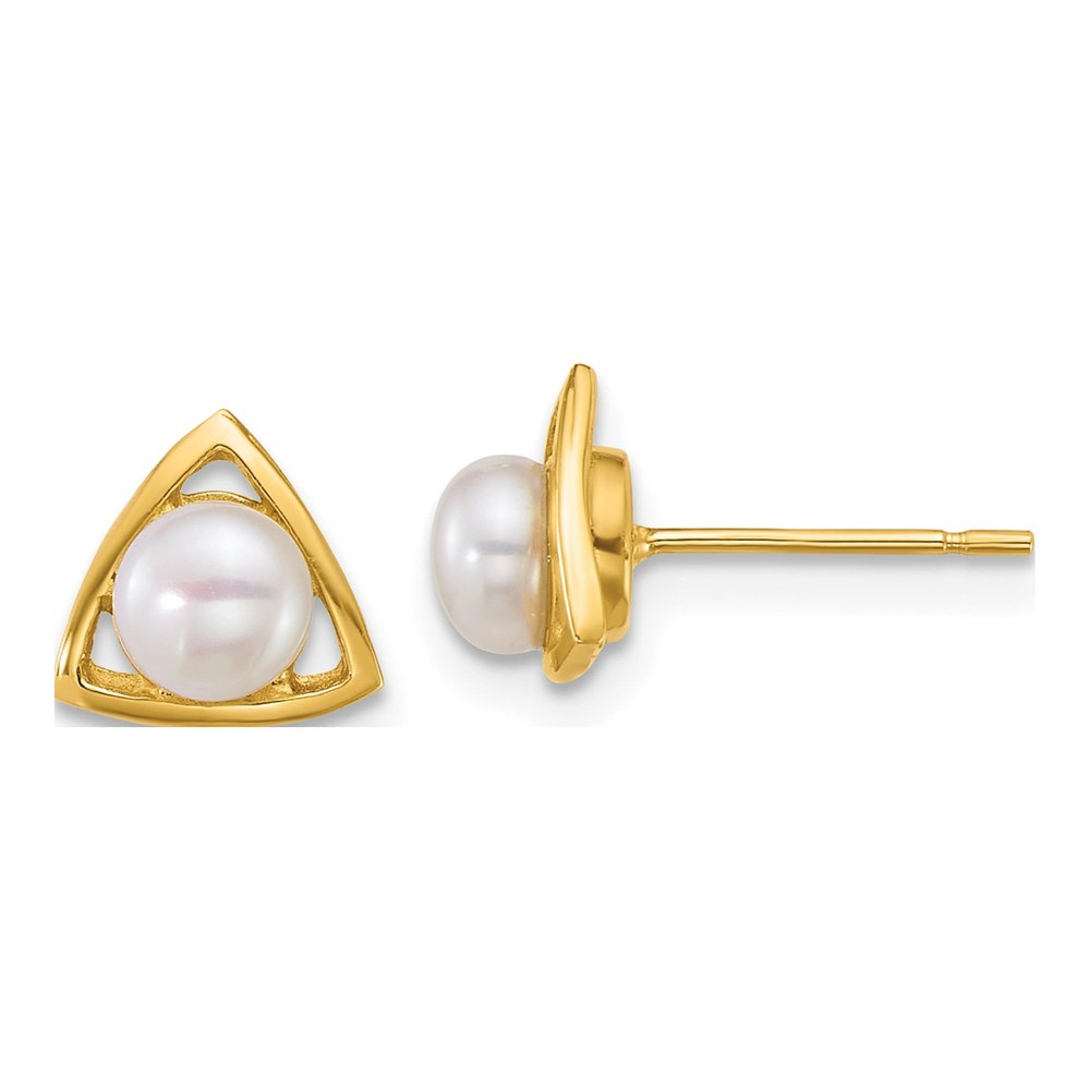 14K Polished 4-5mm Button White Freshwater Cultured Pearl Triangle Post Earrings
